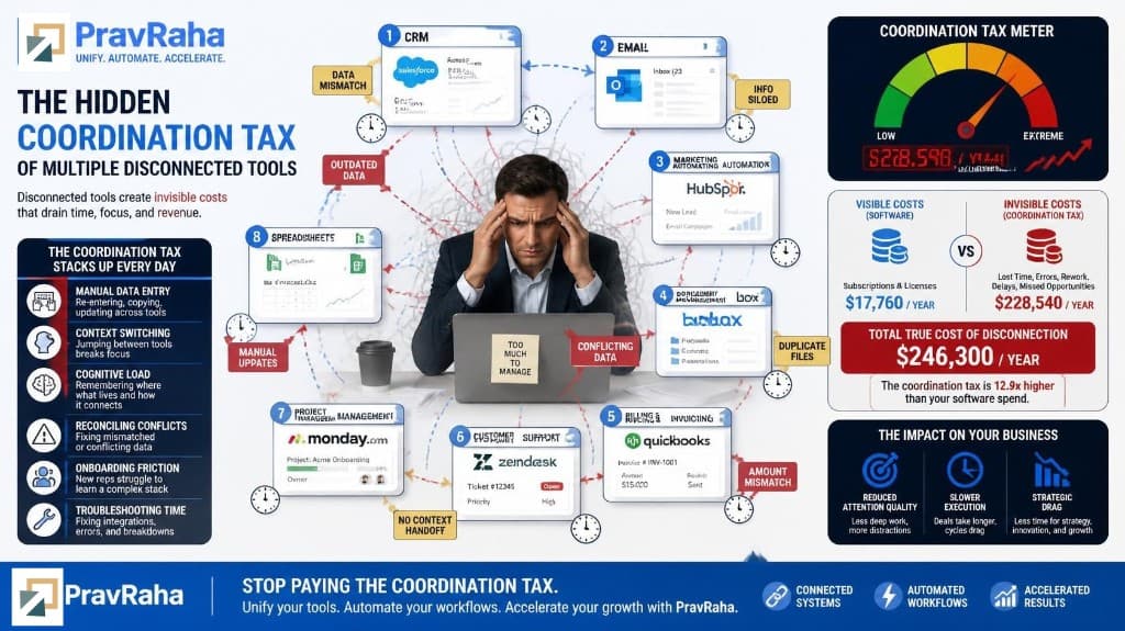 The Hidden Coordination Tax of Multiple Disconnected Tools - visible vs. invisible costs of an 8-tool stack