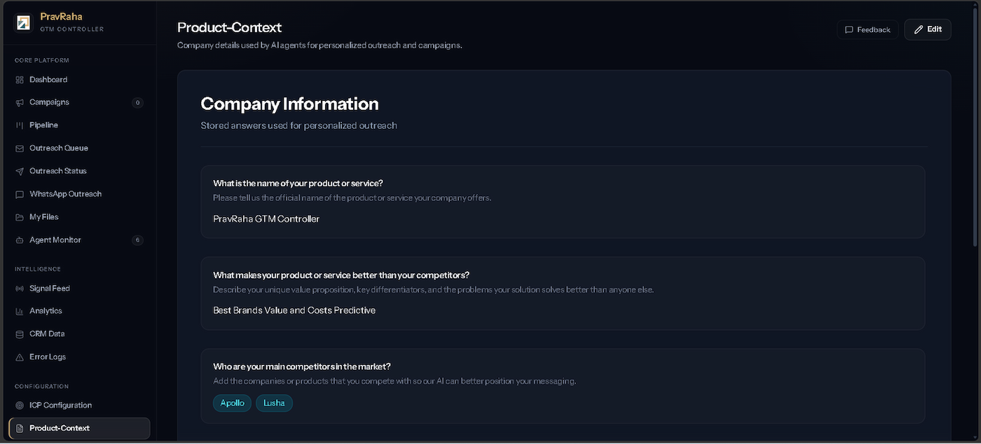 Product-Context screen storing what the company sells, how it differs and who it competes with