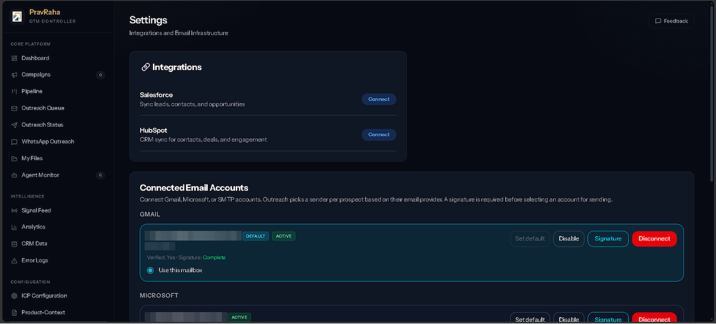 Settings screen showing Salesforce and HubSpot connectors and connected Gmail and Microsoft sending accounts